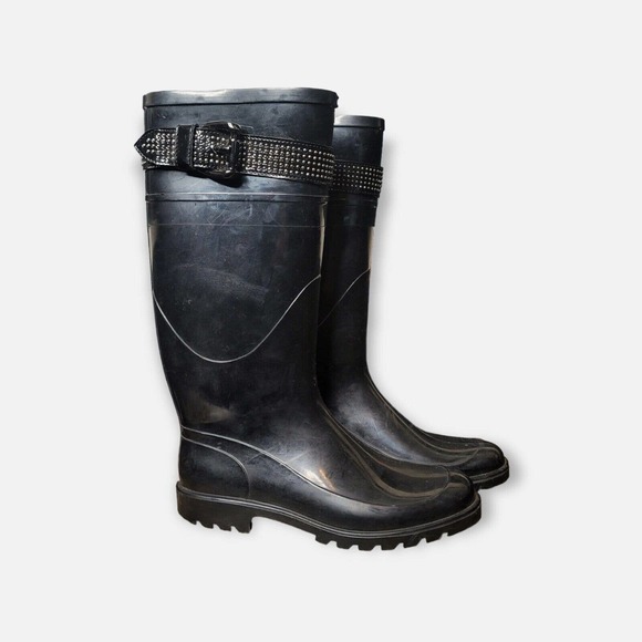 Burberry Black Rubber Rain Boots Embellished Belt Nova Check Lining Size 37 US7 - Picture 1 of 7